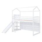 Lit mezzanine double blanc avec toboggan, étagères de rangement et éclairage intégré