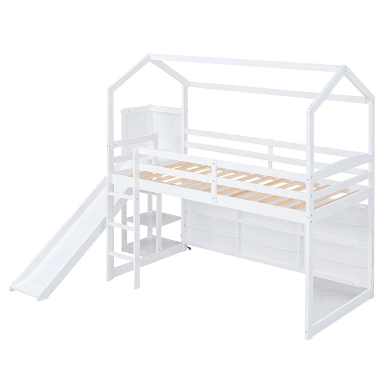 Lit mezzanine double blanc avec toboggan, étagères de rangement et éclairage intégré