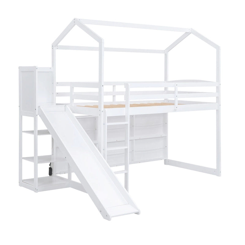 Lit mezzanine double blanc avec toboggan, étagères de rangement et éclairage intégré