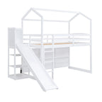 Lit mezzanine double blanc avec toboggan, étagères de rangement et éclairage intégré