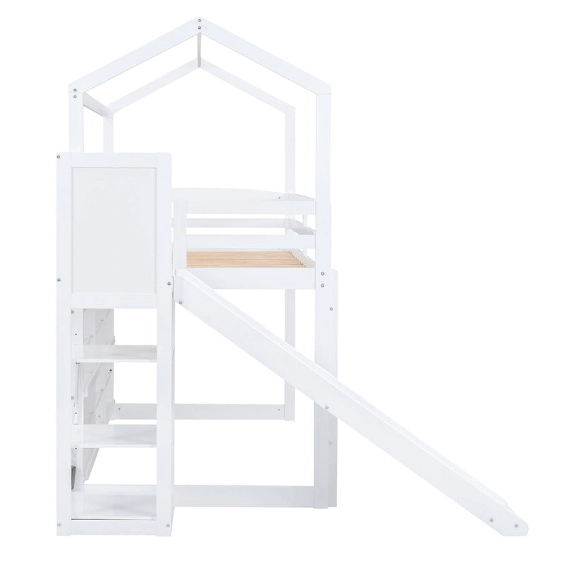 Lit mezzanine double blanc avec toboggan, étagères de rangement et éclairage intégré