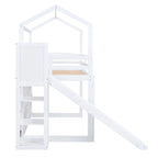 Lit mezzanine double blanc avec toboggan, étagères de rangement et éclairage intégré
