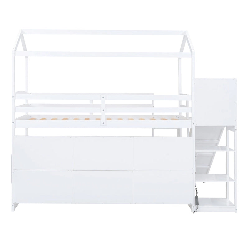 Lit mezzanine double blanc avec toboggan, étagères de rangement et éclairage intégré