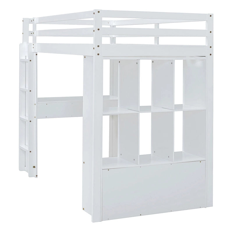 Full Size Loft Bed with Large Shelves, Writing desk and LED Light, White