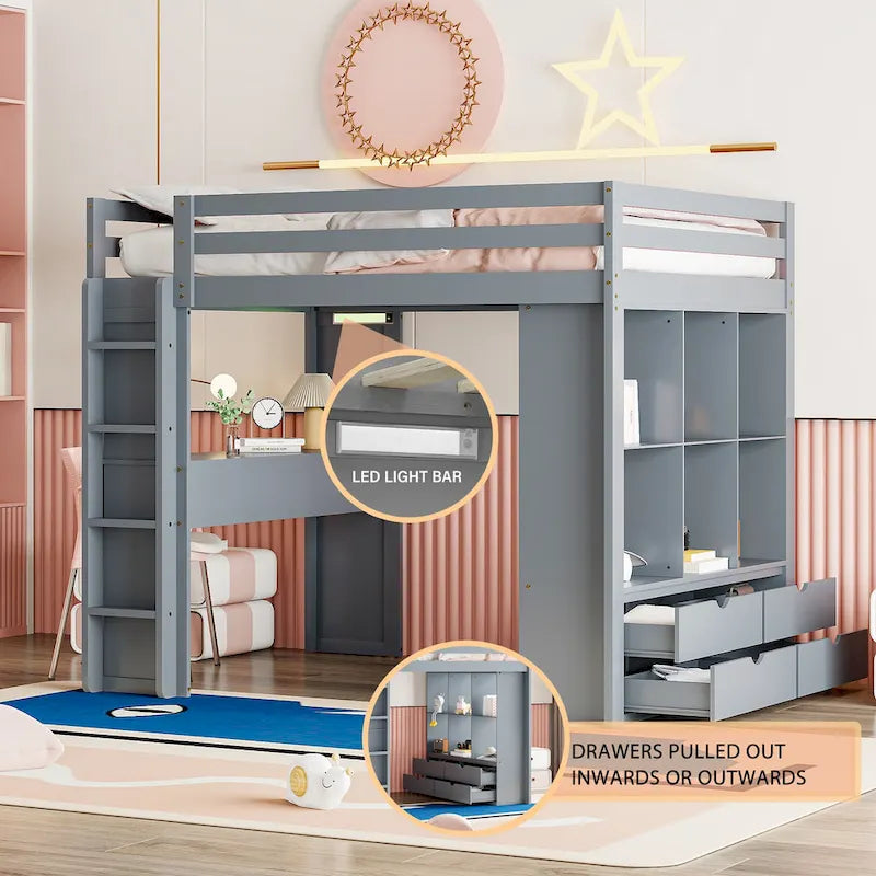 Lit mezzanine pleine grandeur en bois massif avec échelle à gauche, bureau à LED, armoire centrale, étagères à 3 niveaux à droite et 2 tiroirs