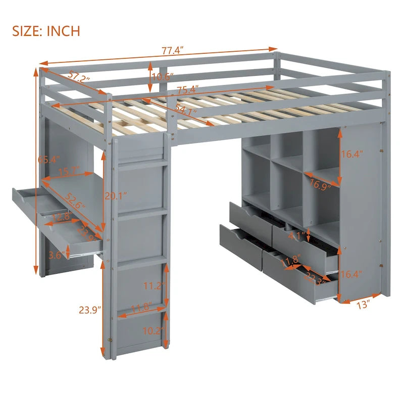 Lit mezzanine pleine grandeur en bois massif avec échelle à gauche, bureau à LED, armoire centrale, étagères à 3 niveaux à droite et 2 tiroirs