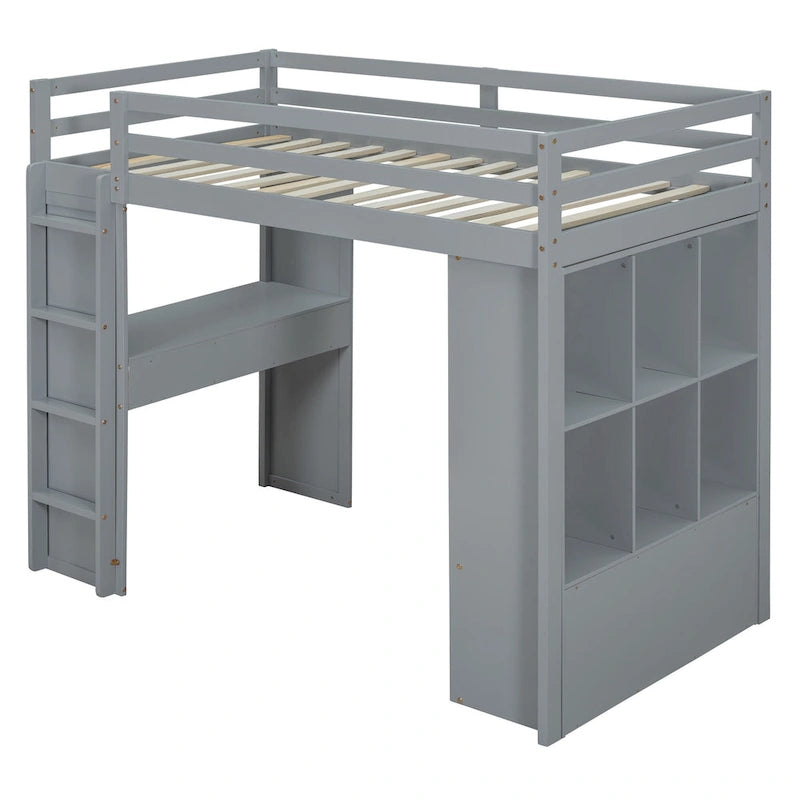 Lit mezzanine pleine grandeur en bois massif avec échelle à gauche, bureau à LED, armoire centrale, étagères à 3 niveaux à droite et 2 tiroirs