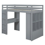 Lit mezzanine pleine grandeur en bois massif avec échelle à gauche, bureau à LED, armoire centrale, étagères à 3 niveaux à droite et 2 tiroirs