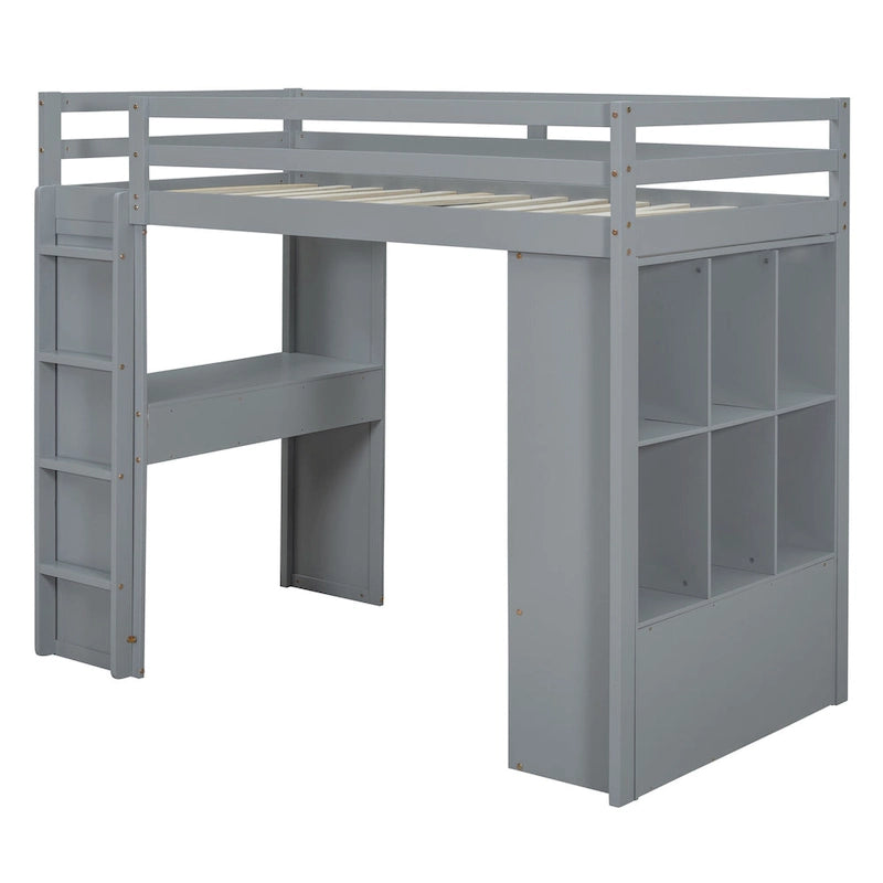 Lit mezzanine pleine grandeur en bois massif avec échelle à gauche, bureau à LED, armoire centrale, étagères à 3 niveaux à droite et 2 tiroirs
