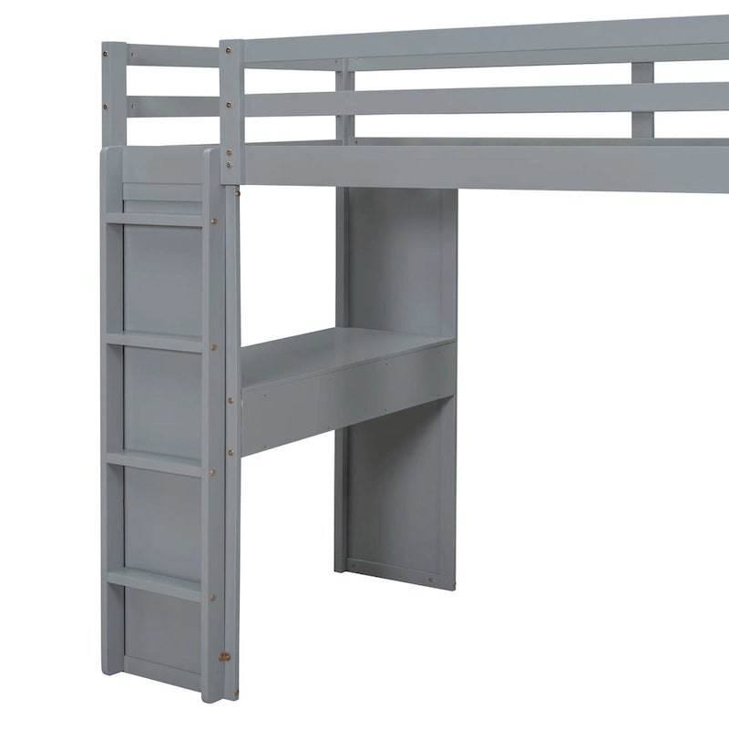 Lit mezzanine pleine grandeur en bois massif avec échelle à gauche, bureau à LED, armoire centrale, étagères à 3 niveaux à droite et 2 tiroirs