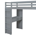Lit mezzanine pleine grandeur en bois massif avec échelle à gauche, bureau à LED, armoire centrale, étagères à 3 niveaux à droite et 2 tiroirs