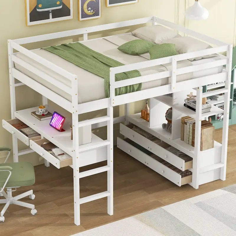 Lit mezzanine blanc pleine grandeur en pin massif avec bureau, 4 tiroirs et étagères ouvertes