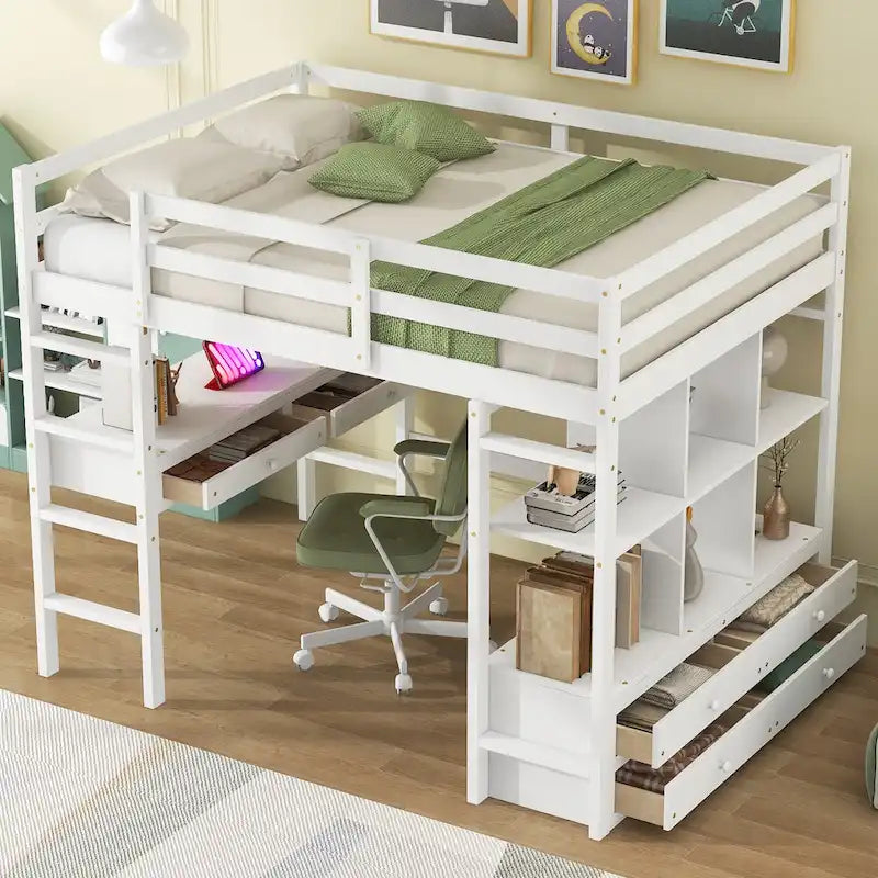 Lit mezzanine blanc pleine grandeur en pin massif avec bureau, 4 tiroirs et étagères ouvertes