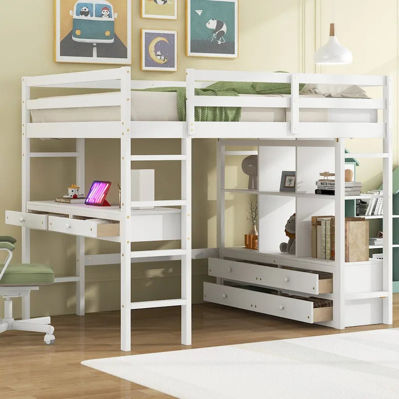 Lit mezzanine blanc pleine grandeur en pin massif avec bureau, 4 tiroirs et étagères ouvertes