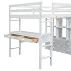 Lit mezzanine blanc pleine grandeur en pin massif avec bureau, 4 tiroirs et étagères ouvertes