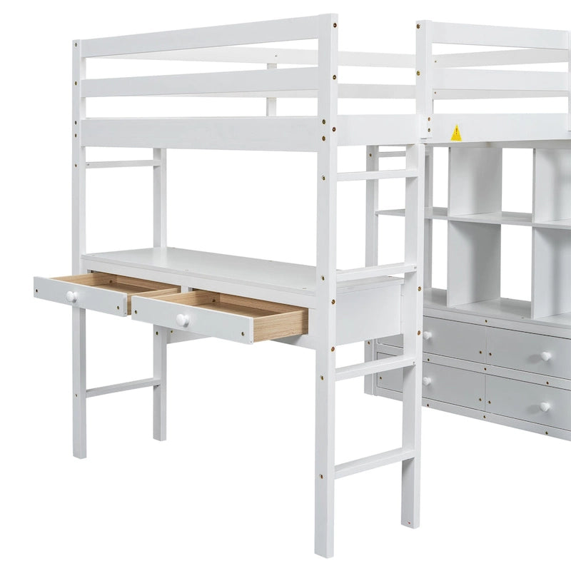 Lit mezzanine blanc pleine grandeur en pin massif avec bureau, 4 tiroirs et étagères ouvertes