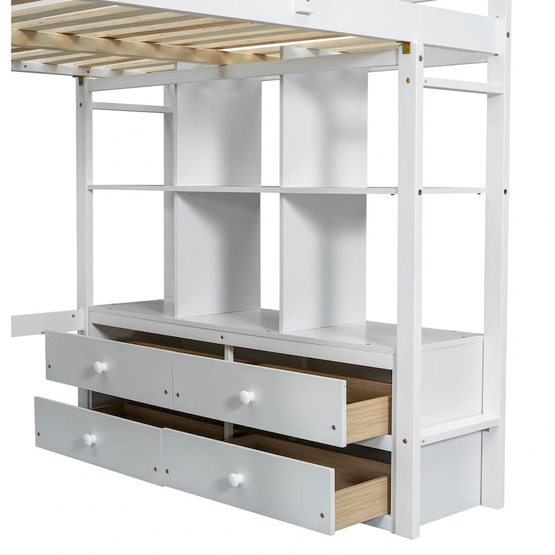 Lit mezzanine blanc pleine grandeur en pin massif avec bureau, 4 tiroirs et étagères ouvertes