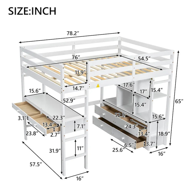 Lit mezzanine blanc pleine grandeur en pin massif avec bureau, 4 tiroirs et étagères ouvertes