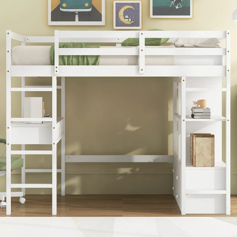 Lit mezzanine blanc pleine grandeur en pin massif avec bureau, 4 tiroirs et étagères ouvertes
