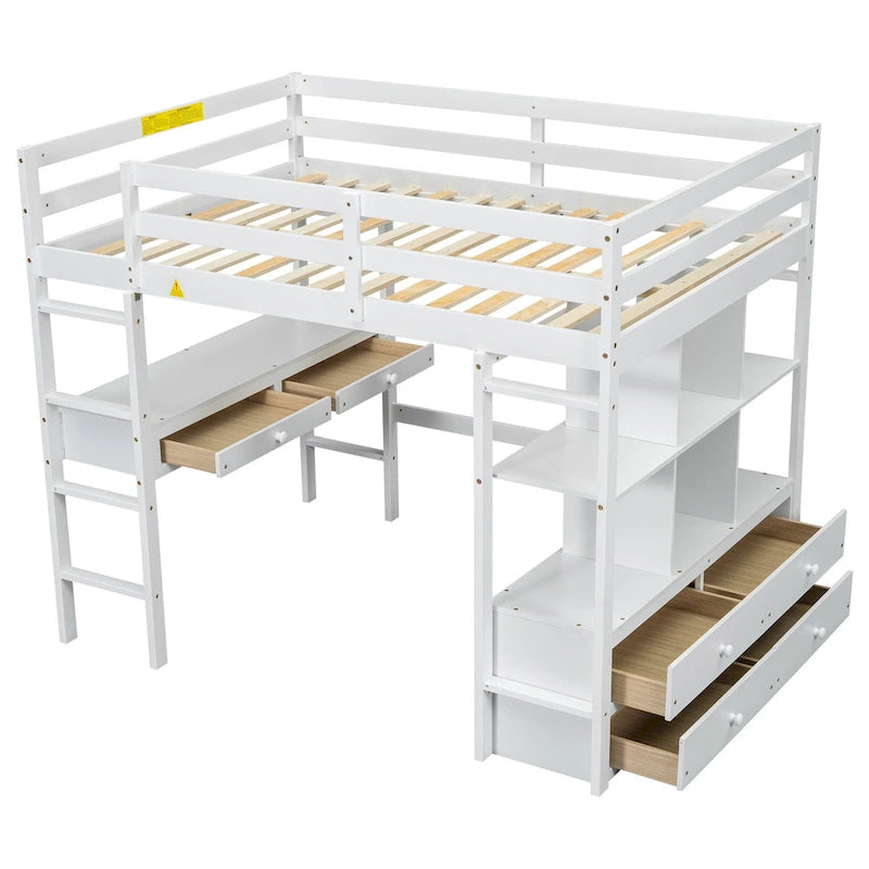 Lit mezzanine blanc pleine grandeur en pin massif avec bureau, 4 tiroirs et étagères ouvertes