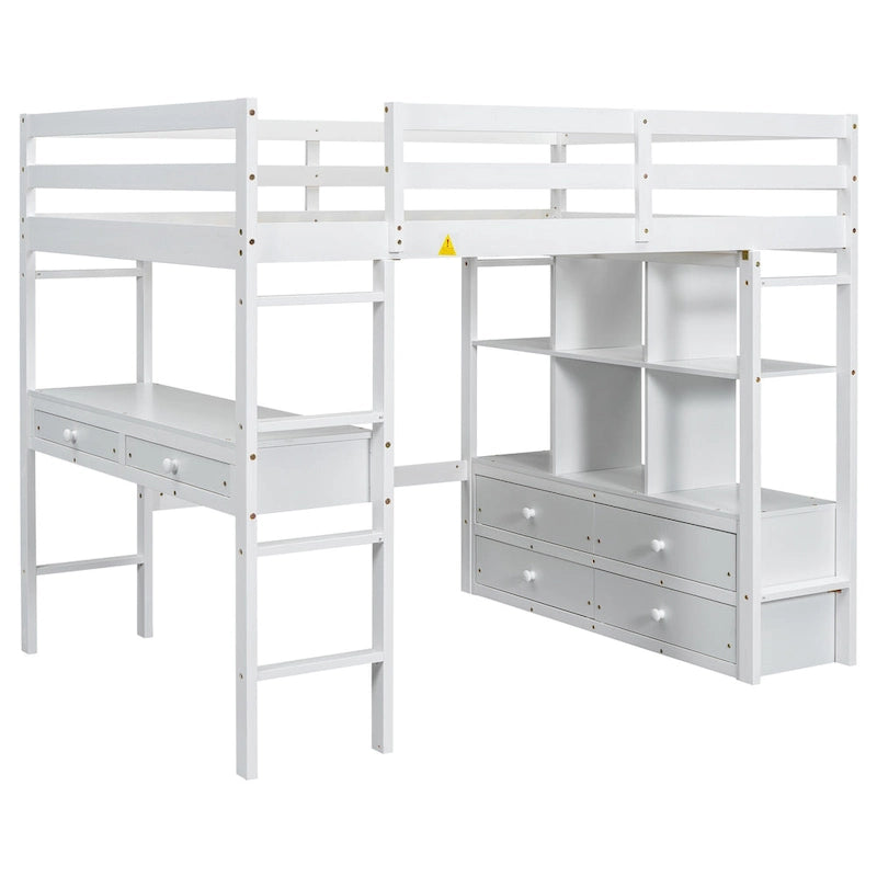Lit mezzanine blanc pleine grandeur en pin massif avec bureau, 4 tiroirs et étagères ouvertes