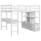 Lit mezzanine blanc pleine grandeur en pin massif avec bureau, 4 tiroirs et étagères ouvertes