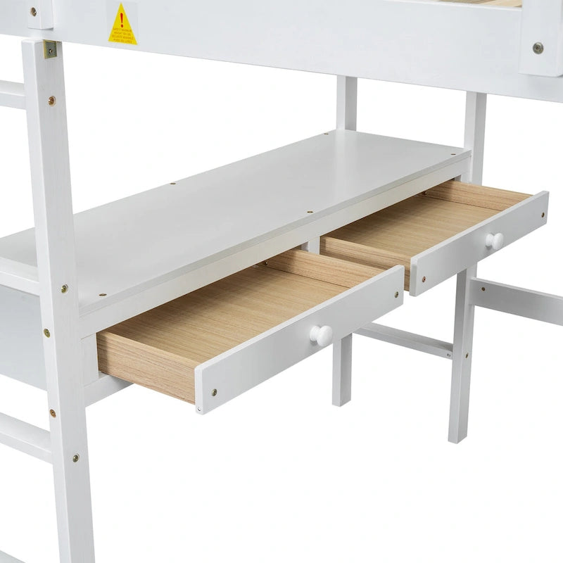 Lit mezzanine blanc pleine grandeur en pin massif avec bureau, 4 tiroirs et étagères ouvertes