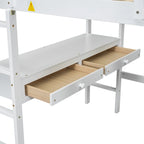 Lit mezzanine blanc pleine grandeur en pin massif avec bureau, 4 tiroirs et étagères ouvertes