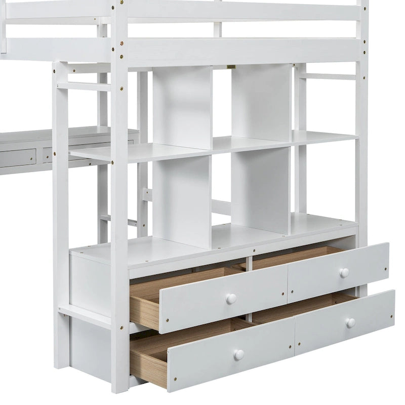 Lit mezzanine blanc pleine grandeur en pin massif avec bureau, 4 tiroirs et étagères ouvertes