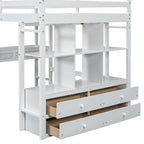 Lit mezzanine blanc pleine grandeur en pin massif avec bureau, 4 tiroirs et étagères ouvertes