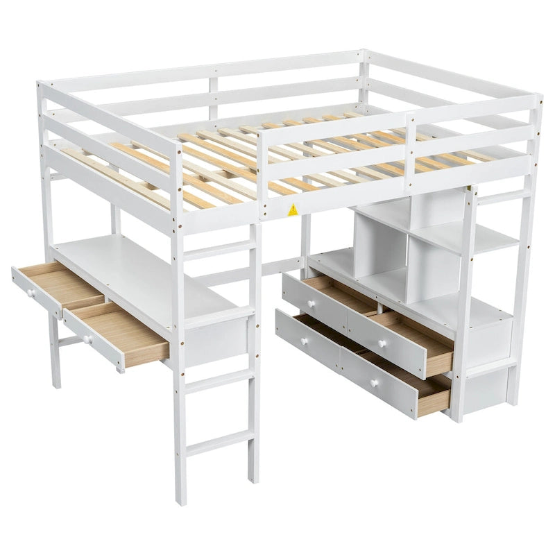 Lit mezzanine blanc pleine grandeur en pin massif avec bureau, 4 tiroirs et étagères ouvertes