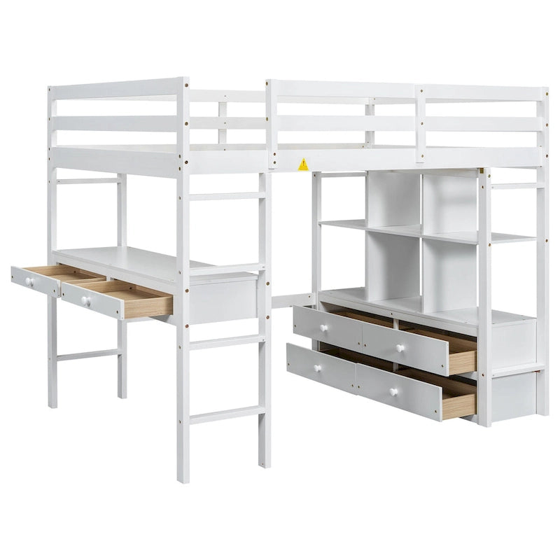 Lit mezzanine blanc pleine grandeur en pin massif avec bureau, 4 tiroirs et étagères ouvertes