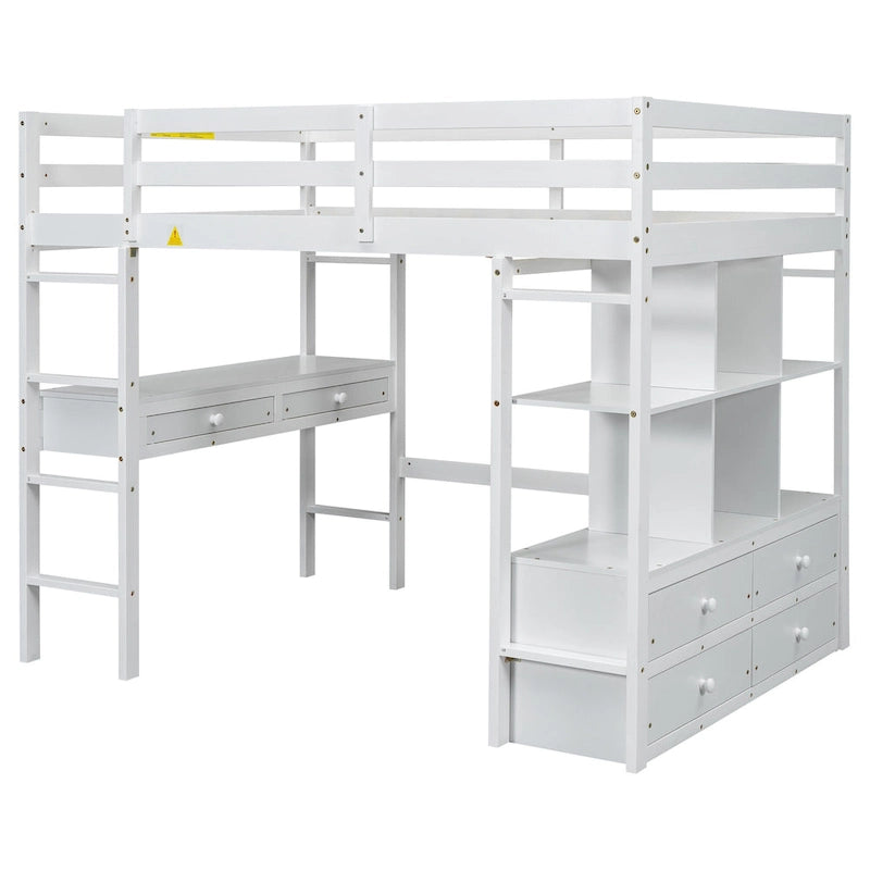 Lit mezzanine blanc pleine grandeur en pin massif avec bureau, 4 tiroirs et étagères ouvertes