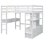 Lit mezzanine blanc pleine grandeur en pin massif avec bureau, 4 tiroirs et étagères ouvertes