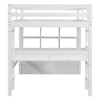 Lit mezzanine blanc pleine grandeur en pin massif avec bureau, 4 tiroirs et étagères ouvertes