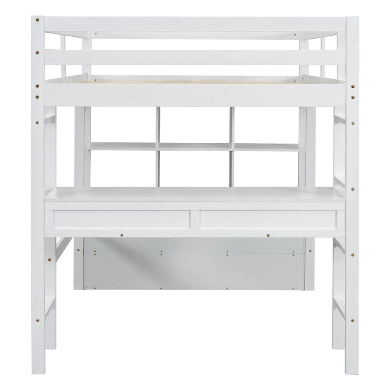 Lit mezzanine blanc pleine grandeur en pin massif avec bureau, 4 tiroirs et étagères ouvertes