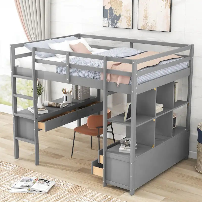 Lit mezzanine gris en pin massif pleine grandeur avec bureau intégré, 2 tiroirs de bureau et escalier de rangement à droite