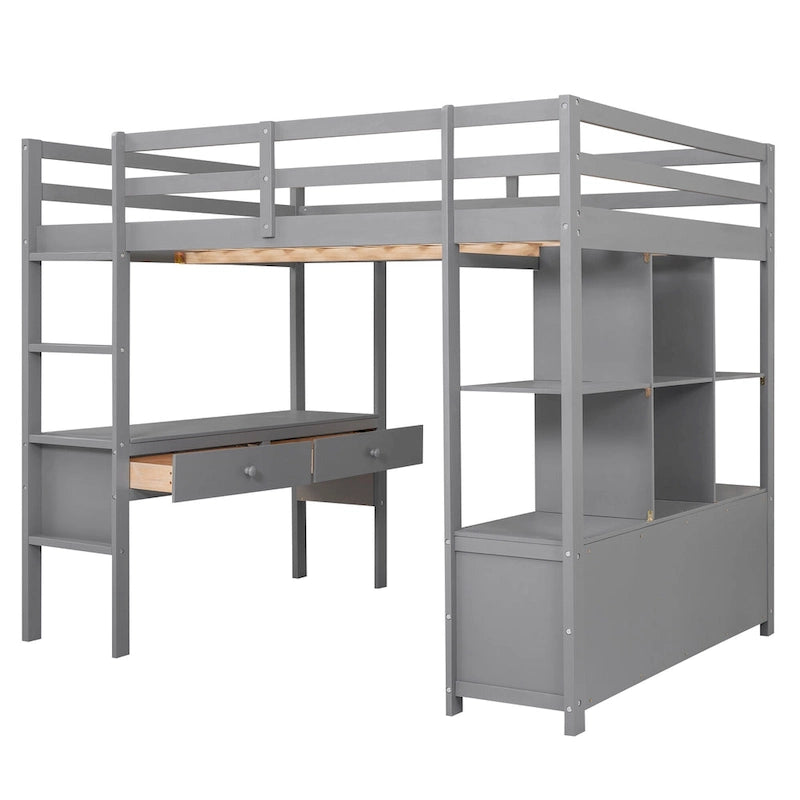Lit mezzanine gris en pin massif pleine grandeur avec bureau intégré, 2 tiroirs de bureau et escalier de rangement à droite