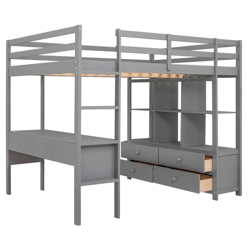 Lit mezzanine gris en pin massif pleine grandeur avec bureau intégré, 2 tiroirs de bureau et escalier de rangement à droite