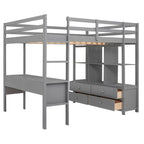 Lit mezzanine gris en pin massif pleine grandeur avec bureau intégré, 2 tiroirs de bureau et escalier de rangement à droite