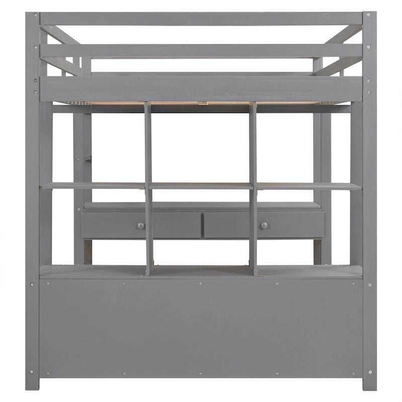 Lit mezzanine gris en pin massif pleine grandeur avec bureau intégré, 2 tiroirs de bureau et escalier de rangement à droite