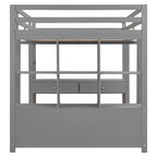 Lit mezzanine gris en pin massif pleine grandeur avec bureau intégré, 2 tiroirs de bureau et escalier de rangement à droite