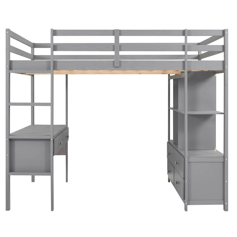 Lit mezzanine gris en pin massif pleine grandeur avec bureau intégré, 2 tiroirs de bureau et escalier de rangement à droite