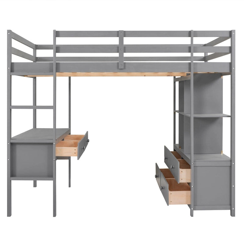 Lit mezzanine gris en pin massif pleine grandeur avec bureau intégré, 2 tiroirs de bureau et escalier de rangement à droite