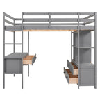 Lit mezzanine gris en pin massif pleine grandeur avec bureau intégré, 2 tiroirs de bureau et escalier de rangement à droite
