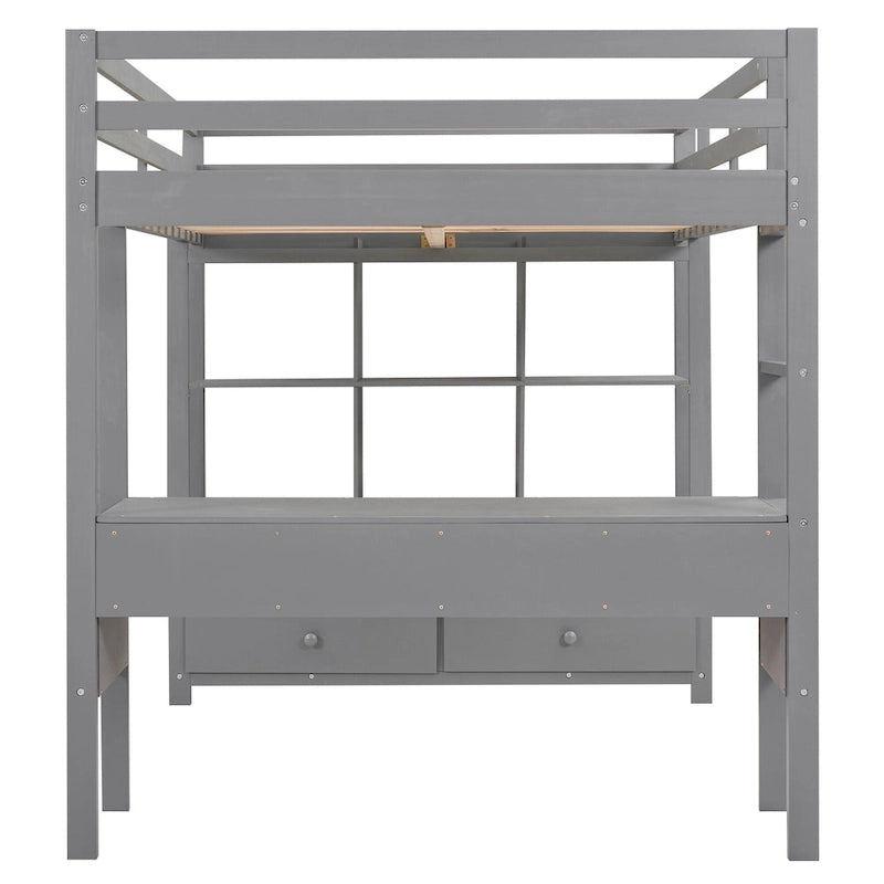 Lit mezzanine gris en pin massif pleine grandeur avec bureau intégré, 2 tiroirs de bureau et escalier de rangement à droite