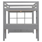 Lit mezzanine gris en pin massif pleine grandeur avec bureau intégré, 2 tiroirs de bureau et escalier de rangement à droite