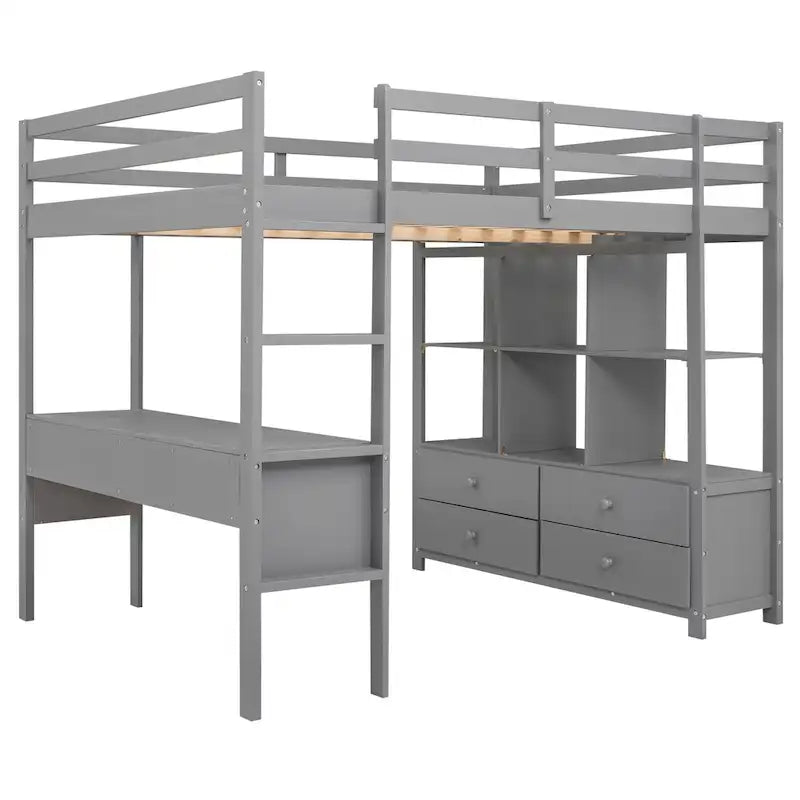 Lit mezzanine gris en pin massif pleine grandeur avec bureau intégré, 2 tiroirs de bureau et escalier de rangement à droite