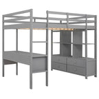 Lit mezzanine gris en pin massif pleine grandeur avec bureau intégré, 2 tiroirs de bureau et escalier de rangement à droite