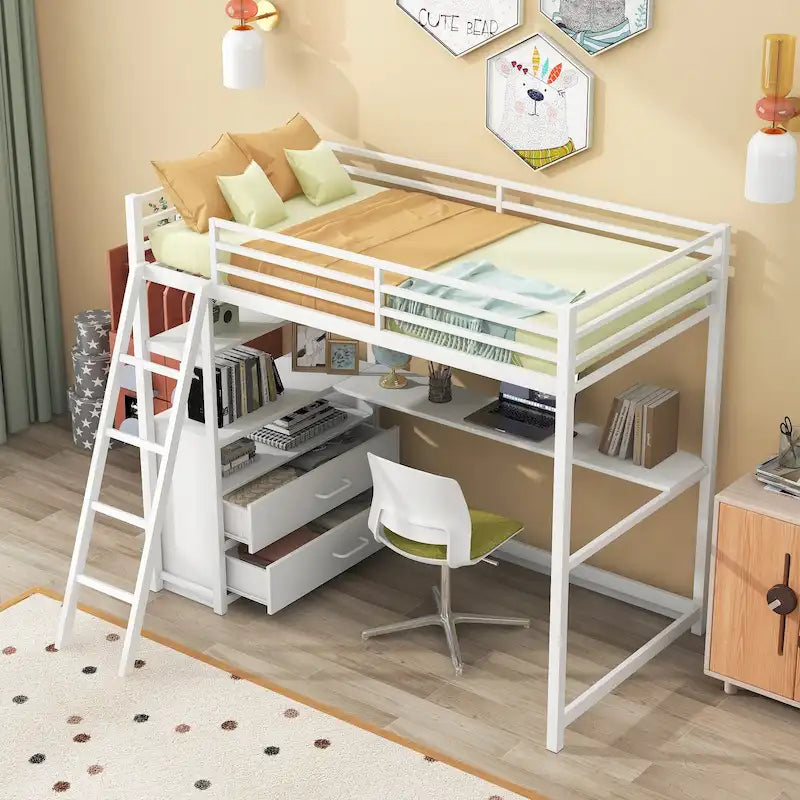 Lit mezzanine simple blanc en métal avec bureau, étagère supérieure, 2 tiroirs et étagères latérales